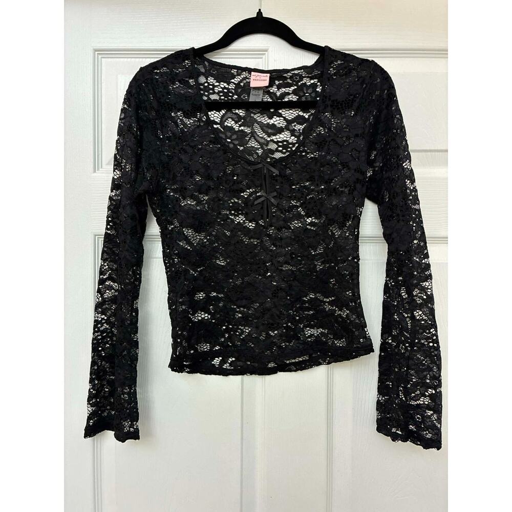 Wild Lovers M Black Sheer Lace Top Bell Sleeve Lace‎ Up Front Goth